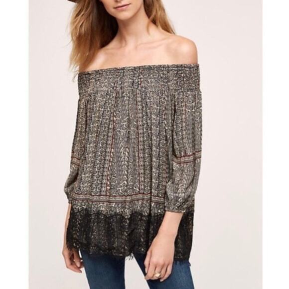 Vanessa Virginia Anthropologie Womens Lace Trim Off the Shoulder Tunic Top Sz M - Picture 8 of 15